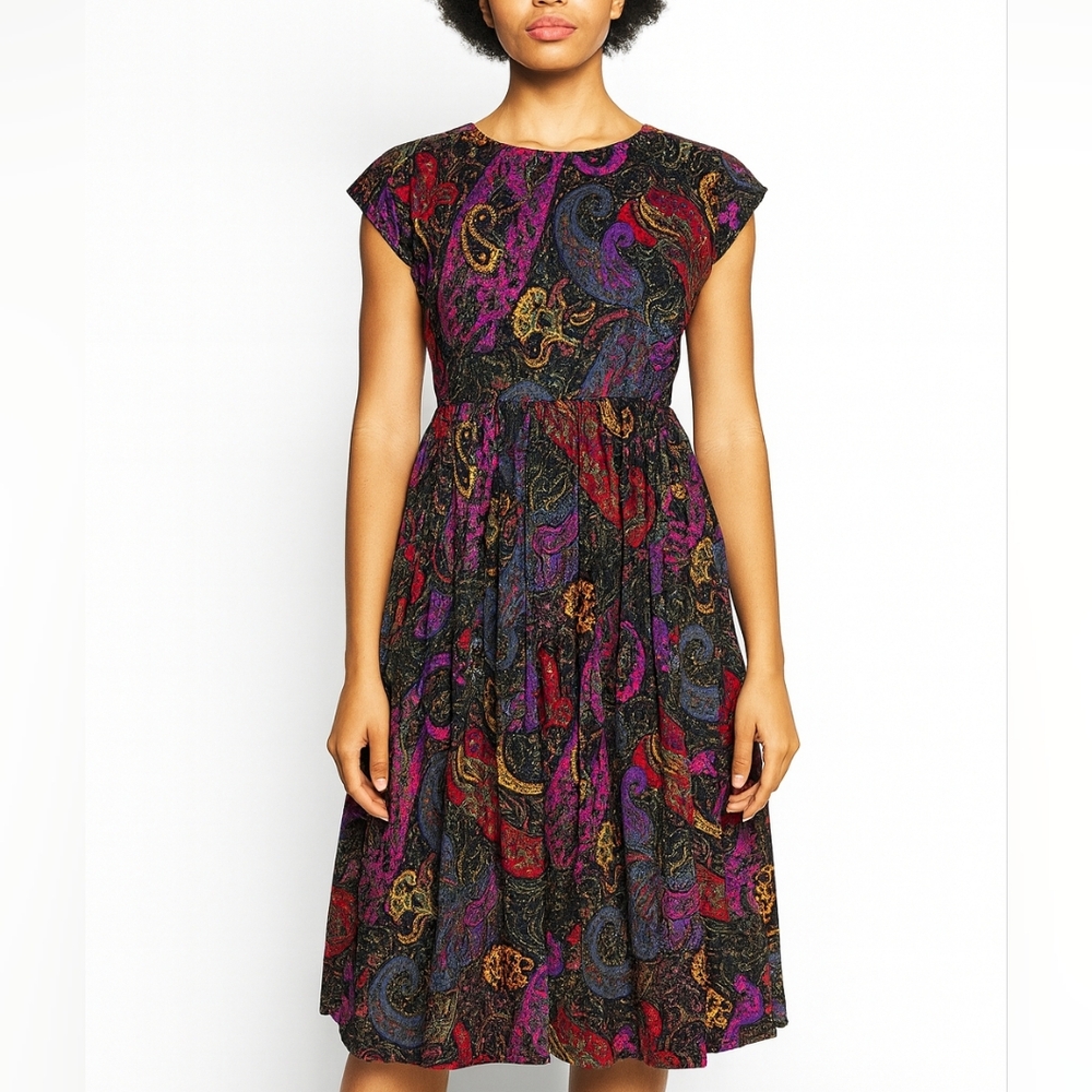 VTG Jim Thompson Cotton Midi Dress Sz 10 Multicolor Paisley Print Fit and Flare